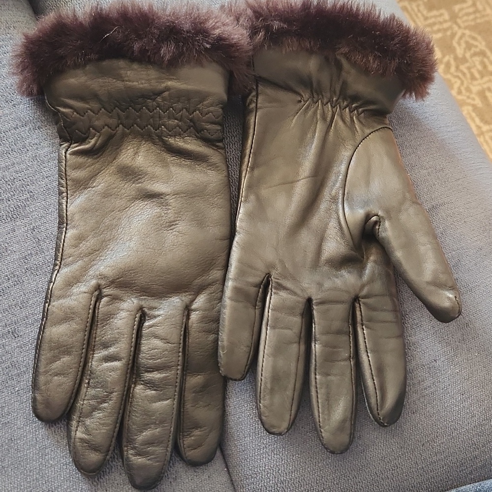 Vintage Fownes Black Genuin Leather Thinsulated Gloves with Faux Fur Trim Sz XL